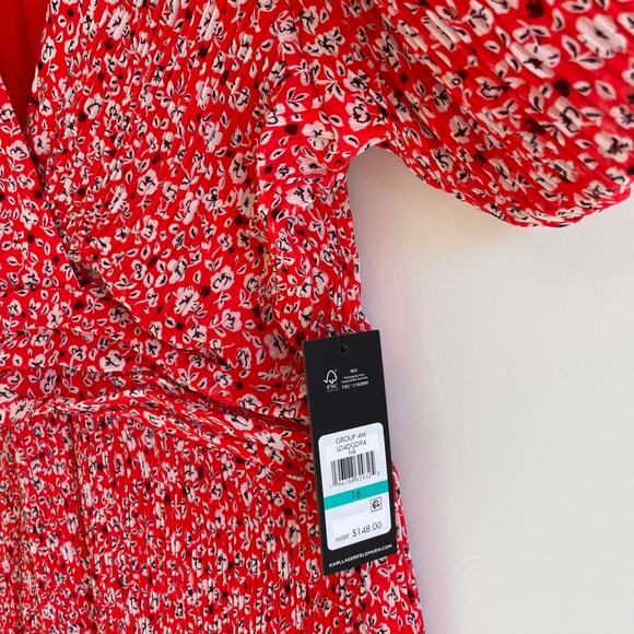 Karl Lagerfeld Womens Floral Pleats Chiffon A-Line Dress Size 16 Flounce Hem Nwt - Picture 4 of 9